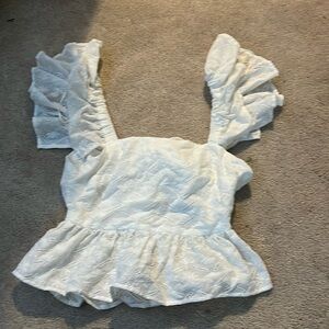 Blue rain tie back white ruffle crop shirt